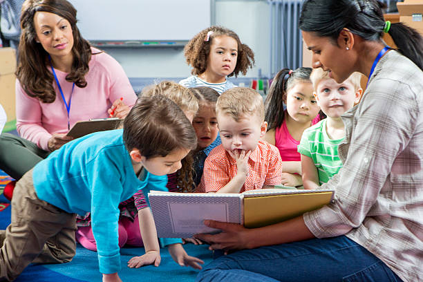 8 (1) A group of young children sits on the floor, listening to a woman read a book, while another adult observes and takes notes in the background.