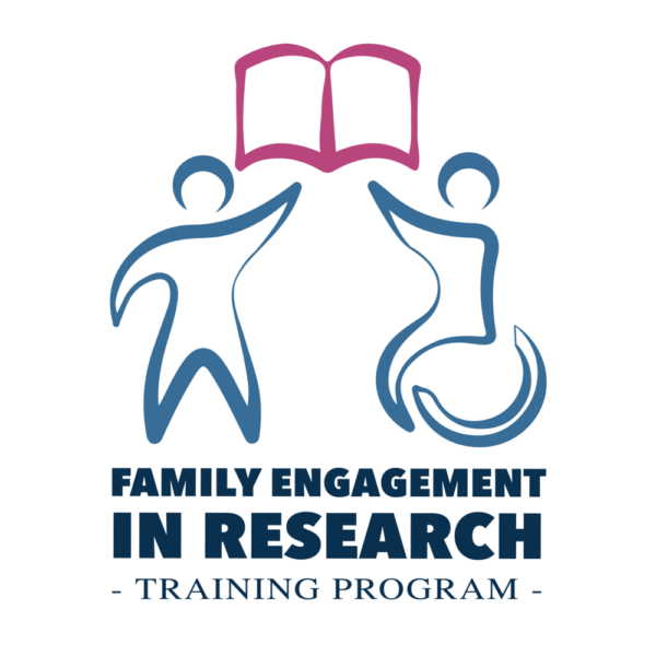 Logo for the Family Engagement in Research Certificate of Completion Program featuring two abstract human figures, one in a wheelchair, holding up an open book above the program name.
