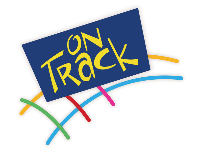 OnTrack_Logo A blue rectangle with yellow text reading "On Track" sits above four curved lines in green, red, blue, and orange.