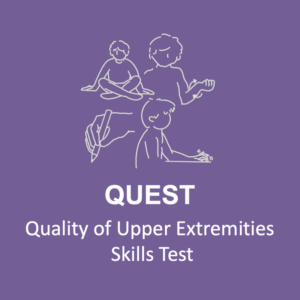 Children perform arm and hand tasks above the text "Quality of Upper Extremity Skills Test (QUEST)" on a purple background.