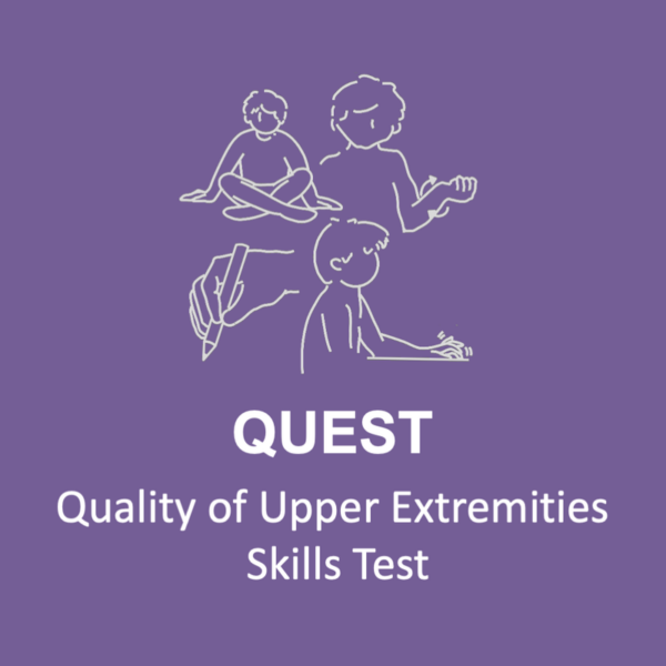 Children perform arm and hand tasks above the text "Quality of Upper Extremity Skills Test (QUEST)" on a purple background.