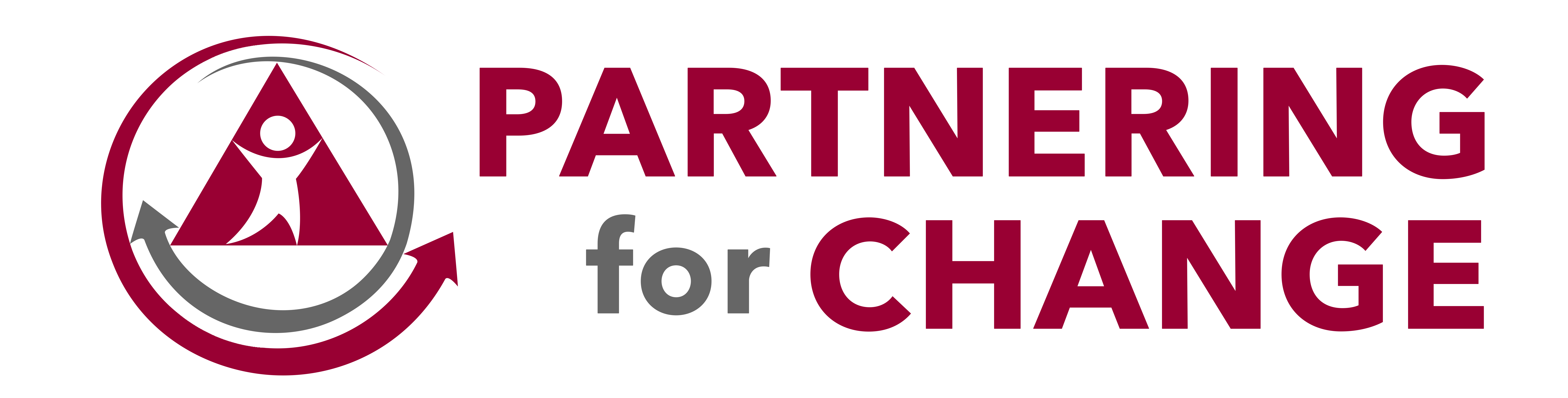 Logo with a maroon and gray circular arrow design, a stylized figure inside a triangle, and the text "Partnering for Change" in maroon and gray.
