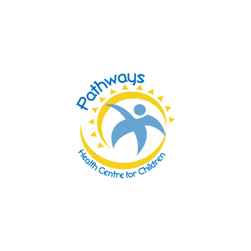 Logo for Pathways Health Centre for Children featuring a blue abstract human figure enclosed by a yellow semicircle with rays, with the organization’s name in blue text around the design.