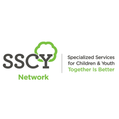 Logo for SSCY Network, featuring the name and slogan: "Specialized Services for Children & Youth. Together Is Better," with green and gray text and a cloud-like graphic.