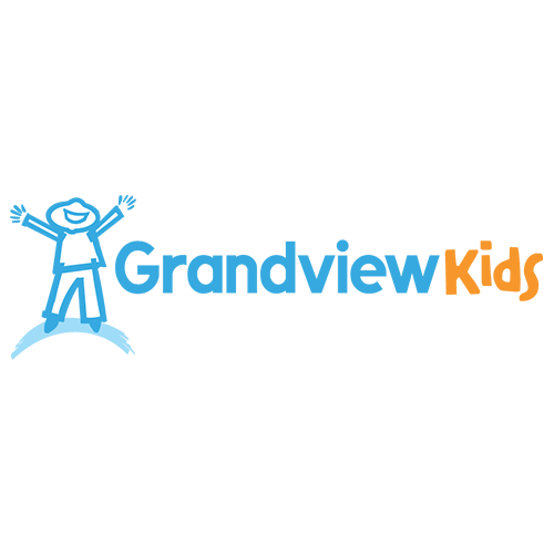 Logo with a stylized figure of a child standing on an arc beside the text "Grandview Kids," with "Grandview" in blue and "Kids" in orange.