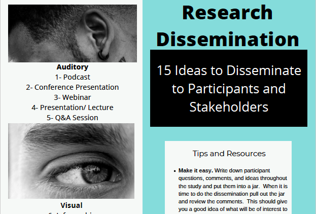 15_ways_to_disseminate_research A research dissemination flyer lists auditory and visual methods, tips, and 15 ideas for sharing findings with participants and stakeholders, featuring close-up images of an ear and an eye.