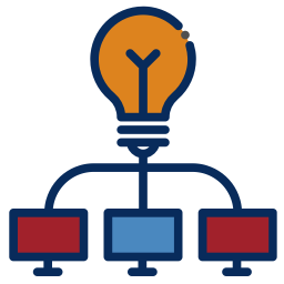 256-ideas Icon of a light bulb connected to three computer monitors, representing the concept of shared ideas or innovation in technology or networking.