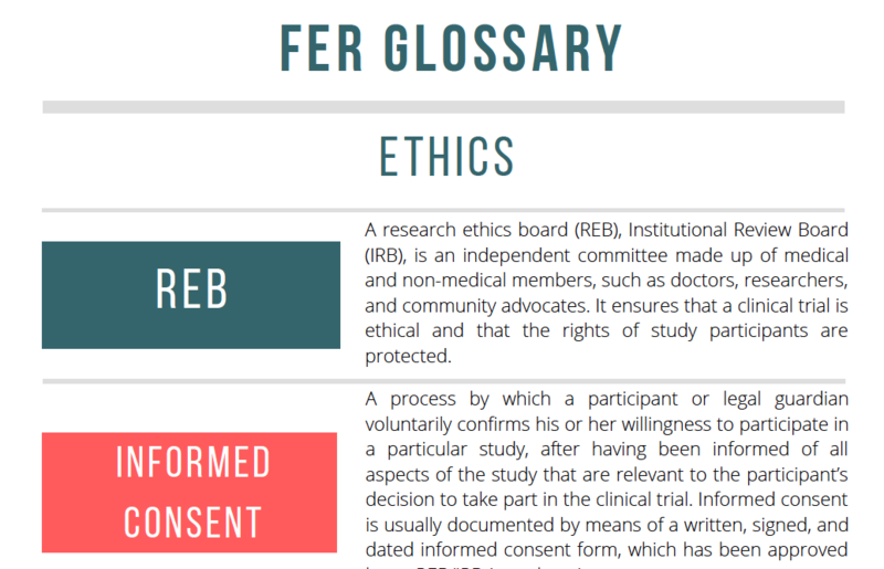 FER_glossary A section of a glossary with definitions for "REB" and "Informed Consent" under the heading ETHICS, describing research ethics board and participant consent in clinical trials.