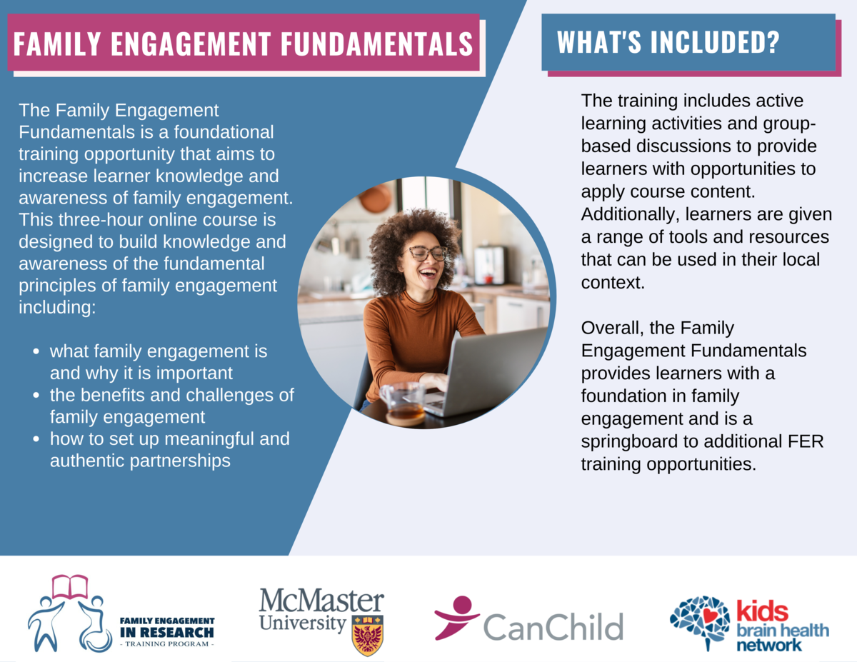 Informational flyer about the Family Engagement Fundamentals training, detailing its purpose, content, and benefits, with logos of McMaster University, CanChild, and Kids Brain Health Network.