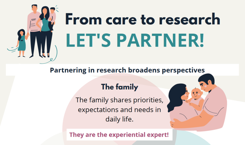 Illustration of two families with text promoting family involvement in research, emphasizing families as experts sharing priorities, expectations, and needs in daily life.