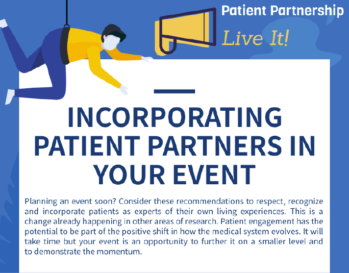 Incorporating_Patient_Partners_in_your_Event A graphic titled "Incorporating Patient Partners in Your Event" with text discussing the importance of engaging patient partners and recommendations for event planning.