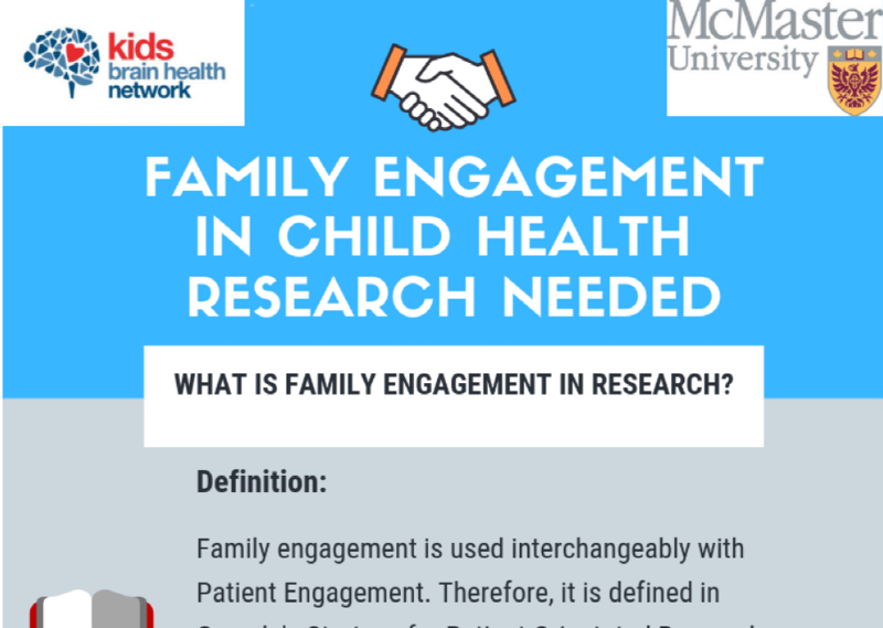 KristiandCris Informational poster calling for family engagement in child health research, featuring Kids Brain Health Network and McMaster University logos, and a definition of family engagement.
