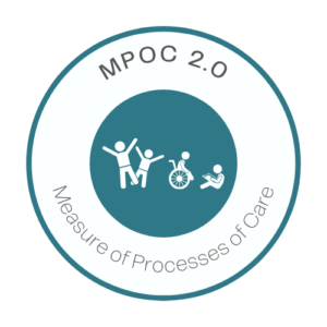 A circular logo with "MPOC 2.0" at the top, "Measure of Processes of Care" at the bottom, and icons of three people, one in a wheelchair, in the center.