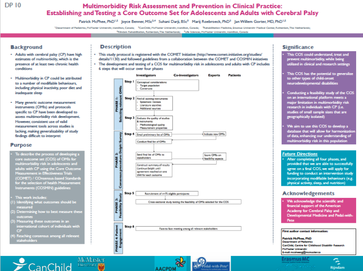 A scientific poster summarizes a study on creating a core outcome set for adolescents and adults with cerebral palsy, including background, purpose, methods, and significance.