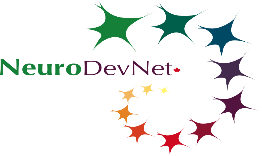 NeuroDevNet logo with stylized neuron shapes in a circular gradient from green to red, and a small maple leaf above "Net" to indicate Canada.