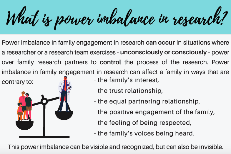 Power_imbalance_in_research An illustration showing a scale with a researcher outweighing a family, depicting power imbalance in research. Text explains consequences of such imbalance in family engagement.