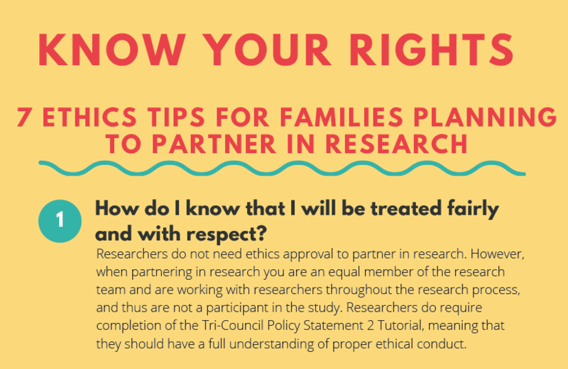 Screen_Shot_2020-04-24_at_8.20.14_PM Yellow and orange infographic titled "Know Your Rights: 7 Ethics Tips for Families Planning to Partner in Research," with tip 1 explaining fair treatment and the importance of ethics training.