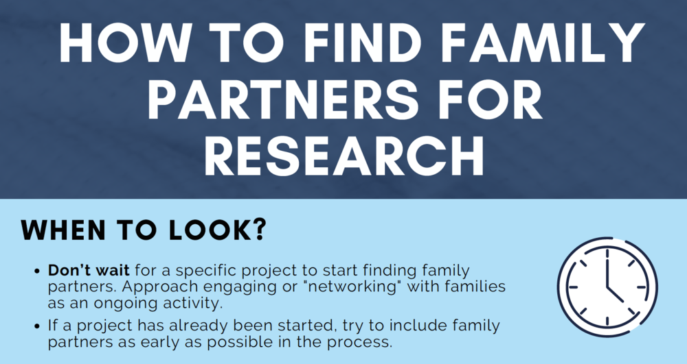 Screen_Shot_2022-04-10_at_7.53.21_AM Infographic titled "How to Find Family Partners for Research" with a section on when to look, advising early engagement with families and showing a clock icon.