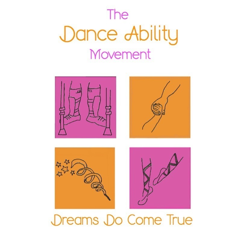 A logo for The Dance Ability Movement featuring four boxes with illustrations of dancers' feet, a ribbon, and the text "Dreams Do Come True.