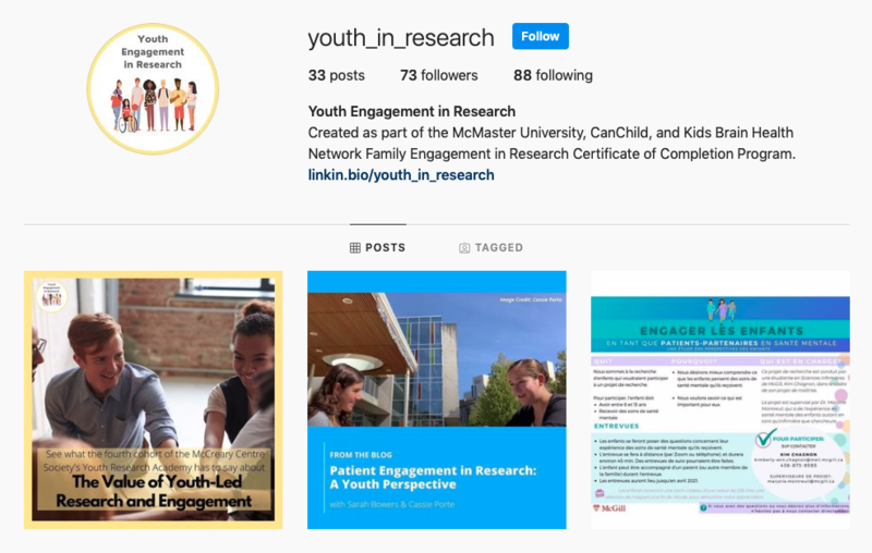 Instagram profile page for Youth Engagement in Research, showing the profile header and three recent post images related to youth-led research and patient engagement.