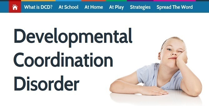 A child rests their head on their hand next to large text reading "Developmental Coordination Disorder" on a white background with a blue navigation menu above.