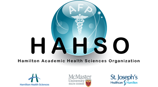 Logo for Academic Health Sciences (AHS) featuring a blue circular graphic with a caduceus symbol, AFP initials, and partner logos of McMaster University and Hamilton Health Sciences.