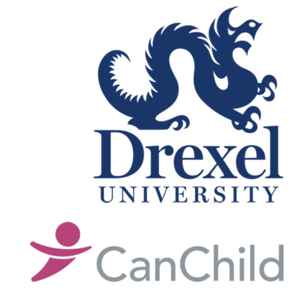 Collaborative_Participation Logos of Drexel University, featuring a blue dragon, and CanChild, with a pink figure and gray text, displayed side by side.