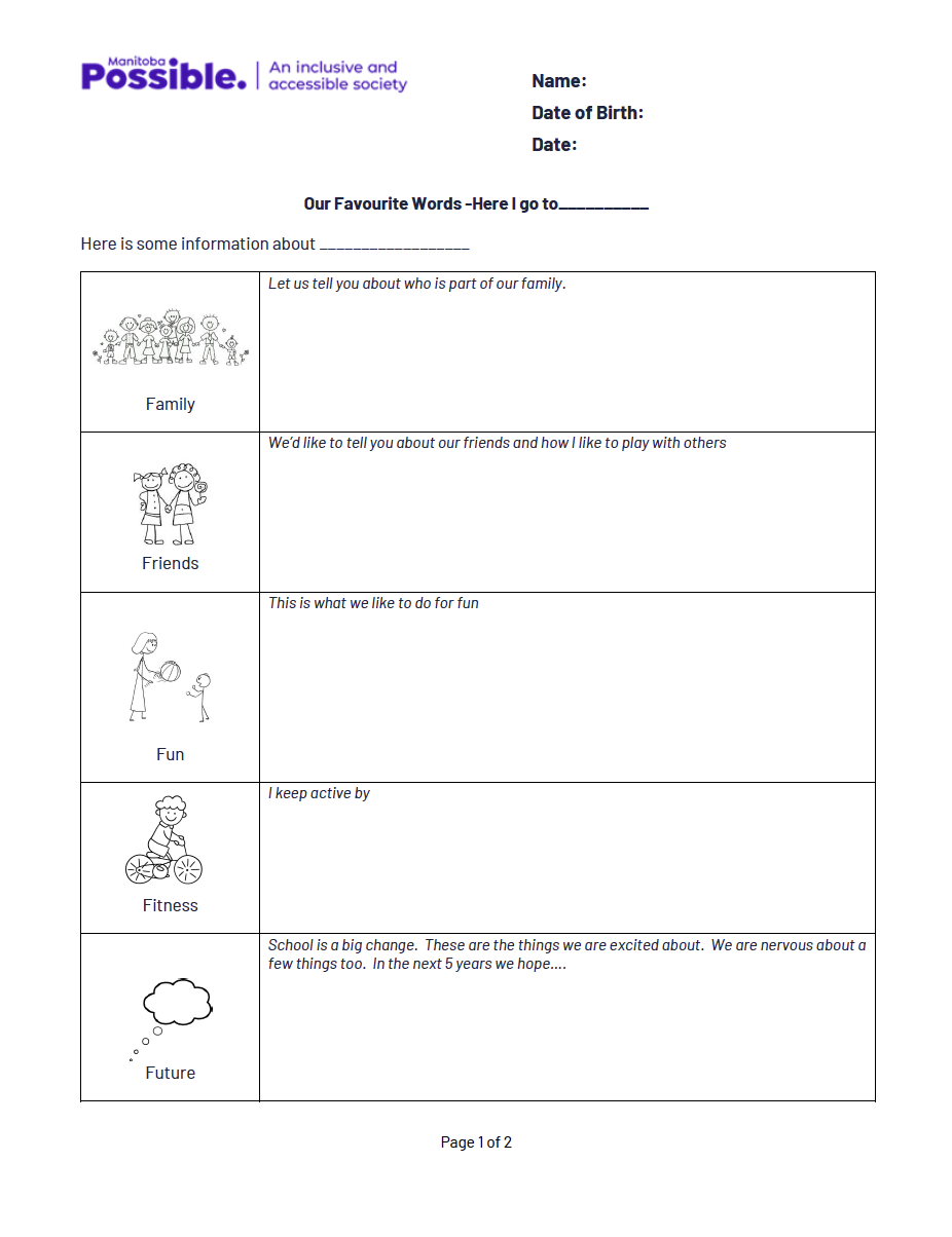 A worksheet titled "Our Favourite Words - Here I go to..." with sections for Family, Friends, Fun, Fitness, and Future, each with illustrations and space for responses.