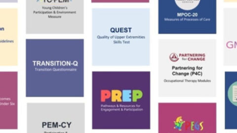 img06 A collage of colorful tiles displays names and acronyms of various assessment tools and questionnaires related to participation, environment, and therapy.