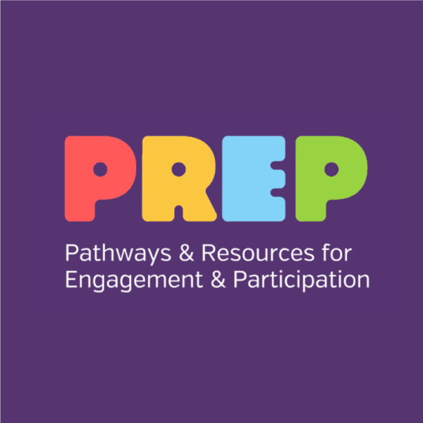 preplogoforshop Logo with the acronym "PREP" in colorful block letters above the words "Pathways & Resources for Engagement & Participation" on a purple background.