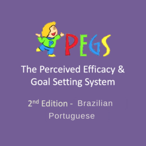Logo and title for "PEGS 2nd Edition - Complete Kit - Brazilian Portuguese" on a purple background featuring a cartoon child illustration.