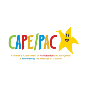 Logo for CAPE/PAC Records & Summary Score Sheets, featuring colorful text, a smiling yellow star, and the phrases "Children’s Assessment of Participation and Enjoyment" and "Preferences for Activities of Children.