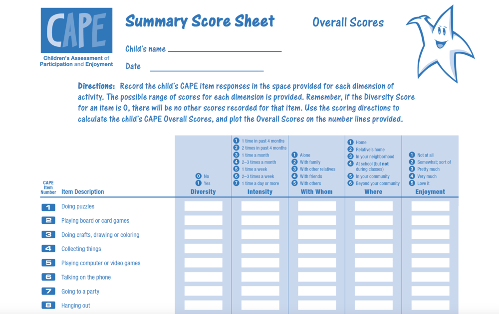 The CAPE/PAC Complete Kit features a children's activity assessment score sheet with columns for activity type, diversity, intensity, companions, and locations, plus scoring instructions and a playful star illustration.