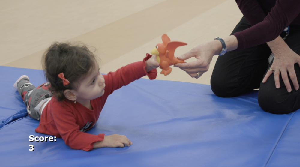 In the Gross Motor Function Measure Training Video, a young child lies on a blue mat reaching for an orange toy held by an adult, with "Score: 3" shown in white text on the mat.