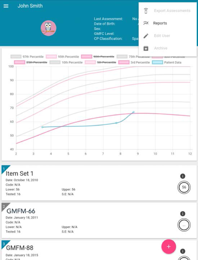 The Gross Motor Function Measure App+ displays a patient's assessment graph, summary cards for three test items, menu options, and progress over time on a digital dashboard.