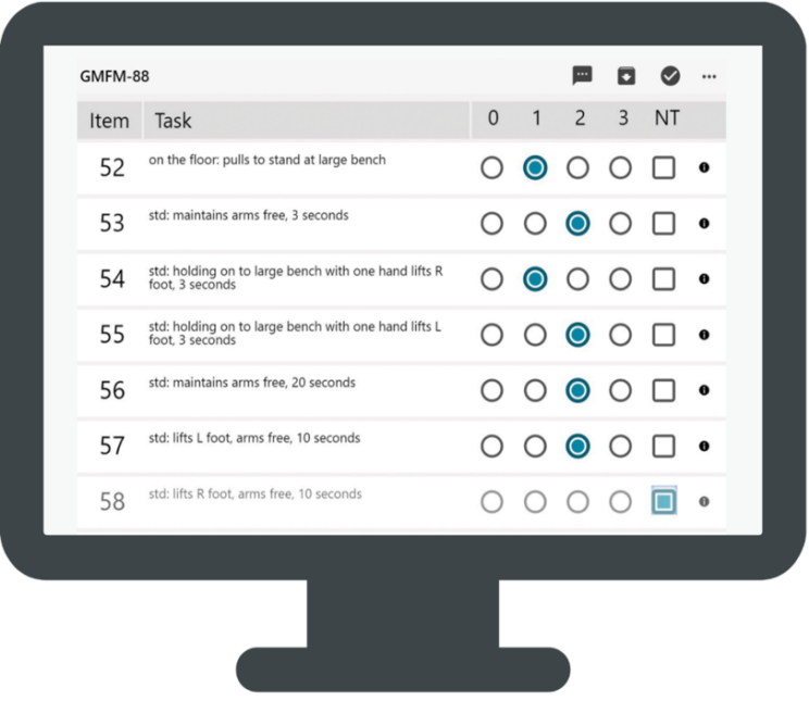 The Gross Motor Function Measure App+ displays a GMFM-88 assessment form with tasks, item numbers, and checkboxes for scoring from 0 to 3 and NT on a computer screen.