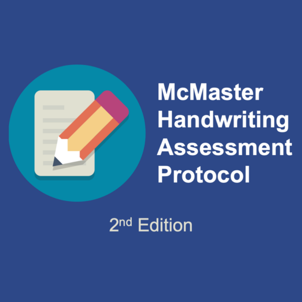 Illustration of a pencil and paper beside the text "Handwriting Assessment Protocol (2nd Edition)" on a blue background.