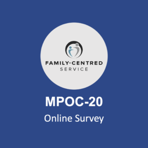 Logo with "Family-Centred Service" above the product name "MPOC-20 Online Survey" on a blue background.
