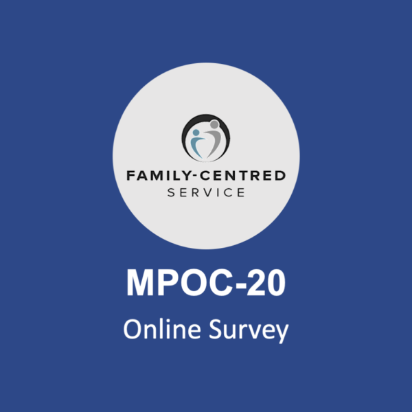 Logo with "Family-Centred Service" above the product name "MPOC-20 Online Survey" on a blue background.