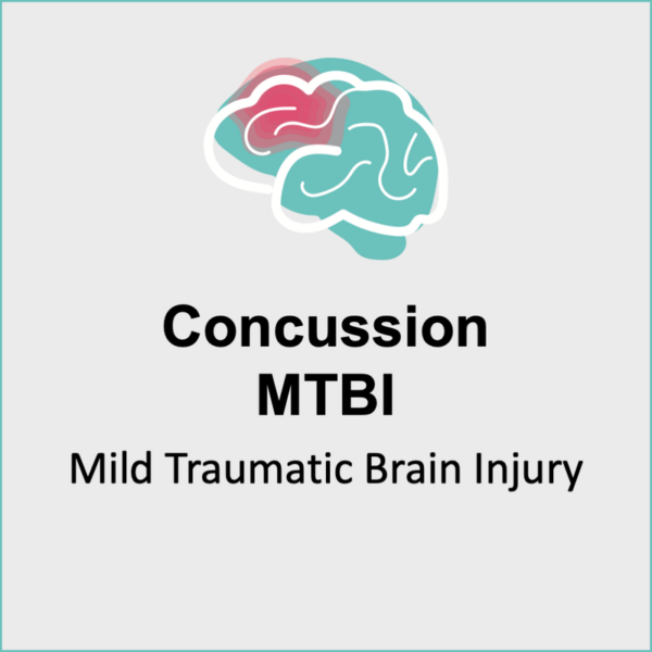 Illustration of a brain with a red highlighted area, accompanied by the text: "Concussion: Mild Traumatic Brain Injury / Concussion.