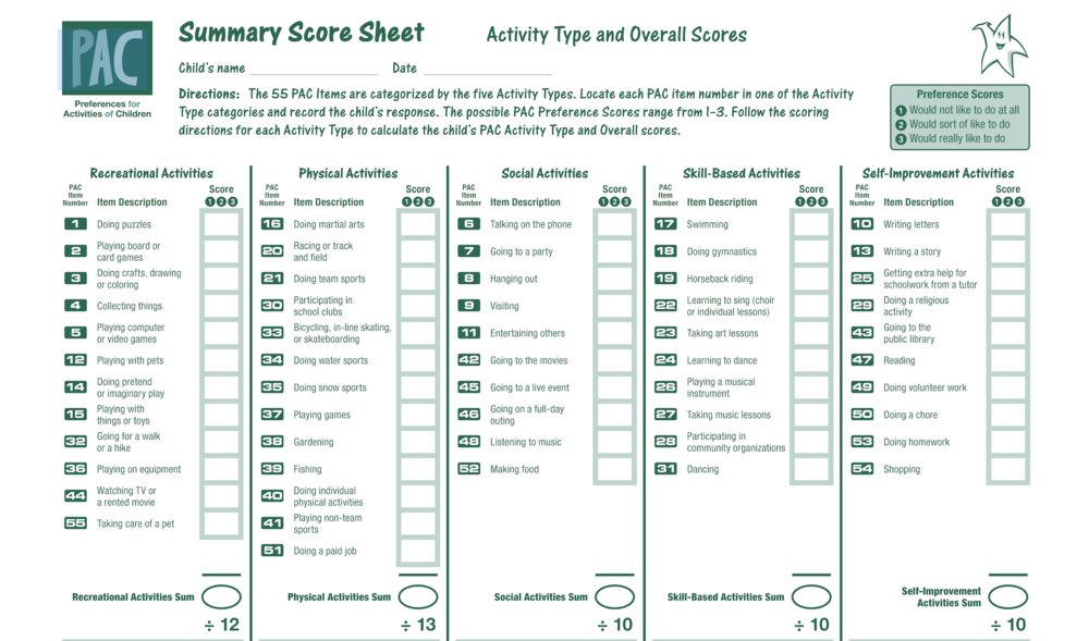 The CAPE/PAC Complete Kit includes a summary score sheet for the PAC with five activity categories, checkboxes, scores, top instructions, and sample scores: Physical Activities +13; Skill-Based −3.