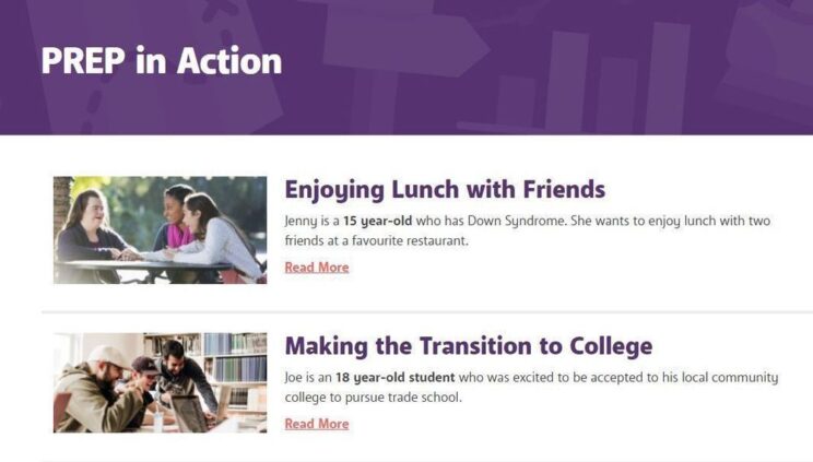 Screenshot of a webpage titled "PREP in Action" featuring stories about a 15-year-old girl with Down Syndrome having lunch with friends, and an 18-year-old student starting community college using the PREP Intervention Protocol.