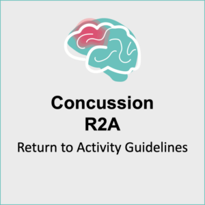 Illustration of a brain with a highlighted area, featuring the text "Concussion: Return to Activity Guidelines Brochure" on a light background.