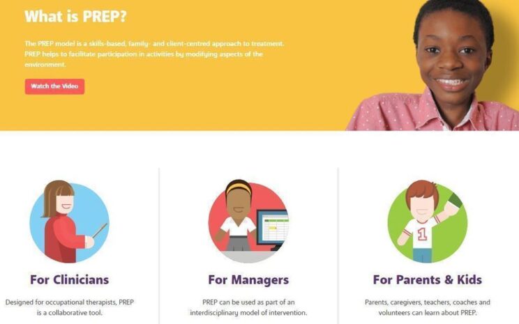 A website section explains the PREP Intervention Protocol, featuring categories for clinicians, managers, and parents & kids with unique icons, plus a smiling person image at the top right.