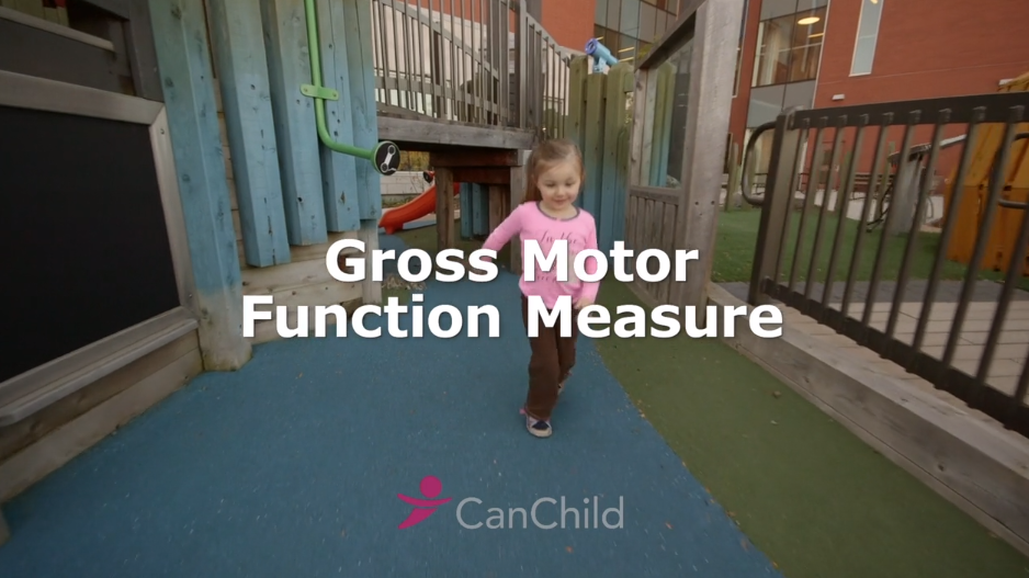A young child walks on a blue playground surface with "Gross Motor Function Measure Training Video" text overlay and the CanChild logo at the bottom.
