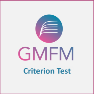 The GMFM Criterion Test logo features a circular icon with white lines above "GMFM" in gradient colors and "Criterion Test" in blue, all on a white background.