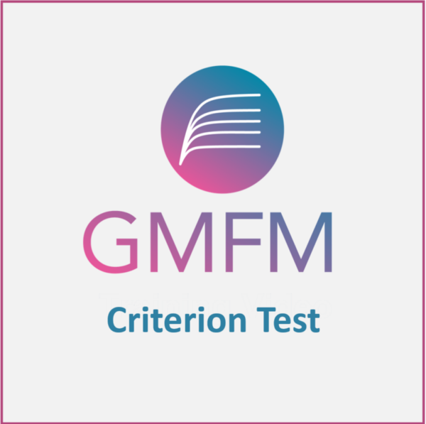 The GMFM Criterion Test logo features a circular icon with white lines above "GMFM" in gradient colors and "Criterion Test" in blue, all on a white background.