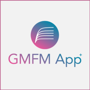 Logo for The Gross Motor Function Measure App+ featuring a circular gradient icon with white curved lines above the text "The Gross Motor Function Measure App+" in gradient purple and blue font on a white background.