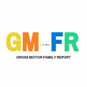 Text logo with "GM" in yellow and orange, "FR" in blue and green, separated by three small cars and a dash; text below reads "Gross Motor Family Report (GM-FR)" in black.