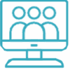 Blue outline of three people on a computer screen, representing a group video call or online meeting.